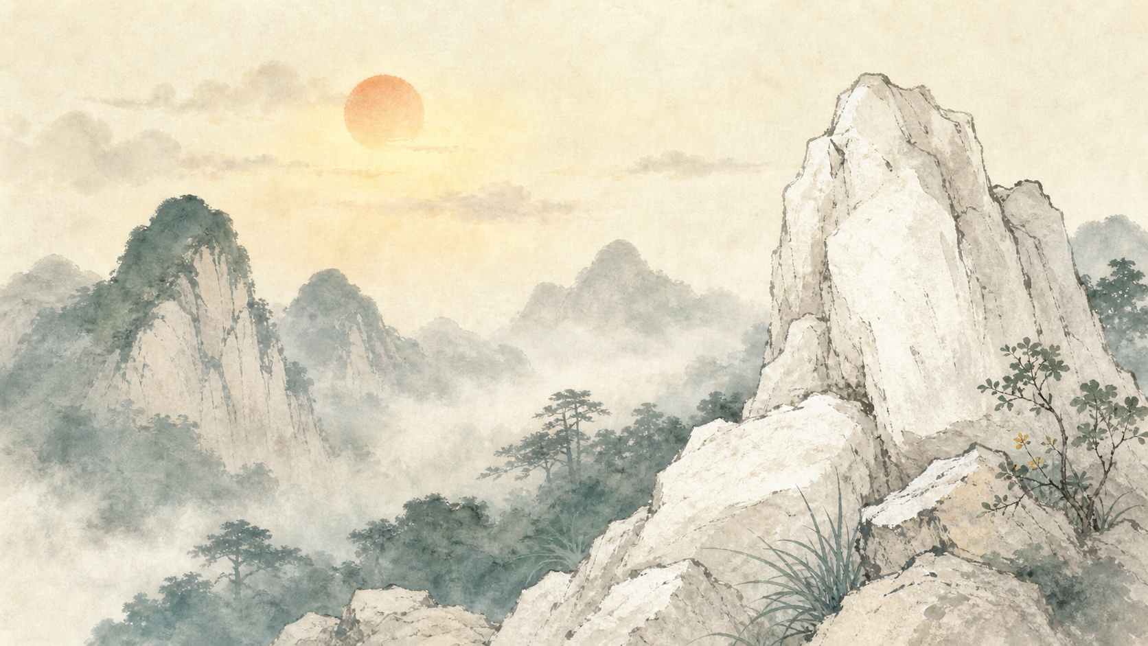 水墨山石与清晨白光