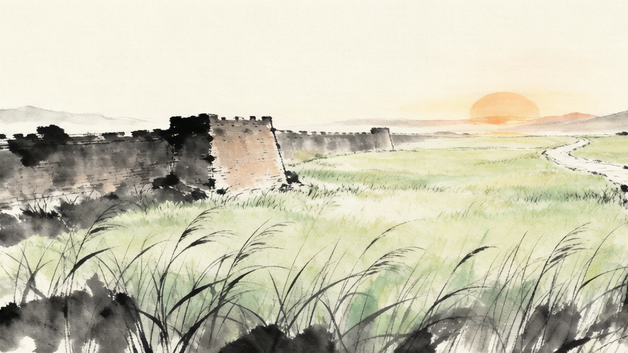 古原全景：广阔的原野上长满茂密的青草，远处有古城墙和古道，夕阳温柔洒下