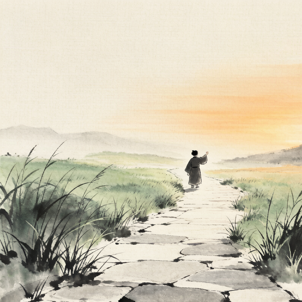 画面：古道上芳草连天，远处有人在挥手送别，夕阳余晖洒满大地