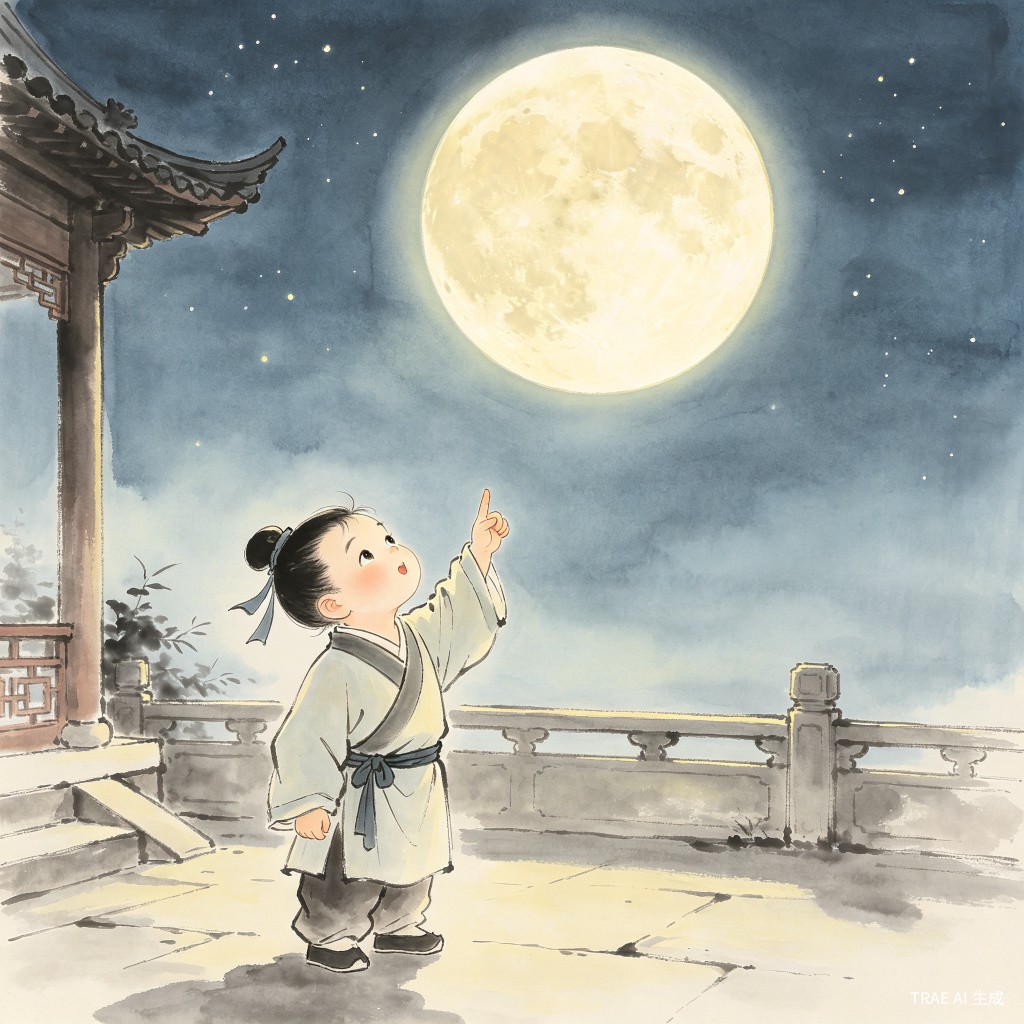 小孩指月，想象成白玉盘