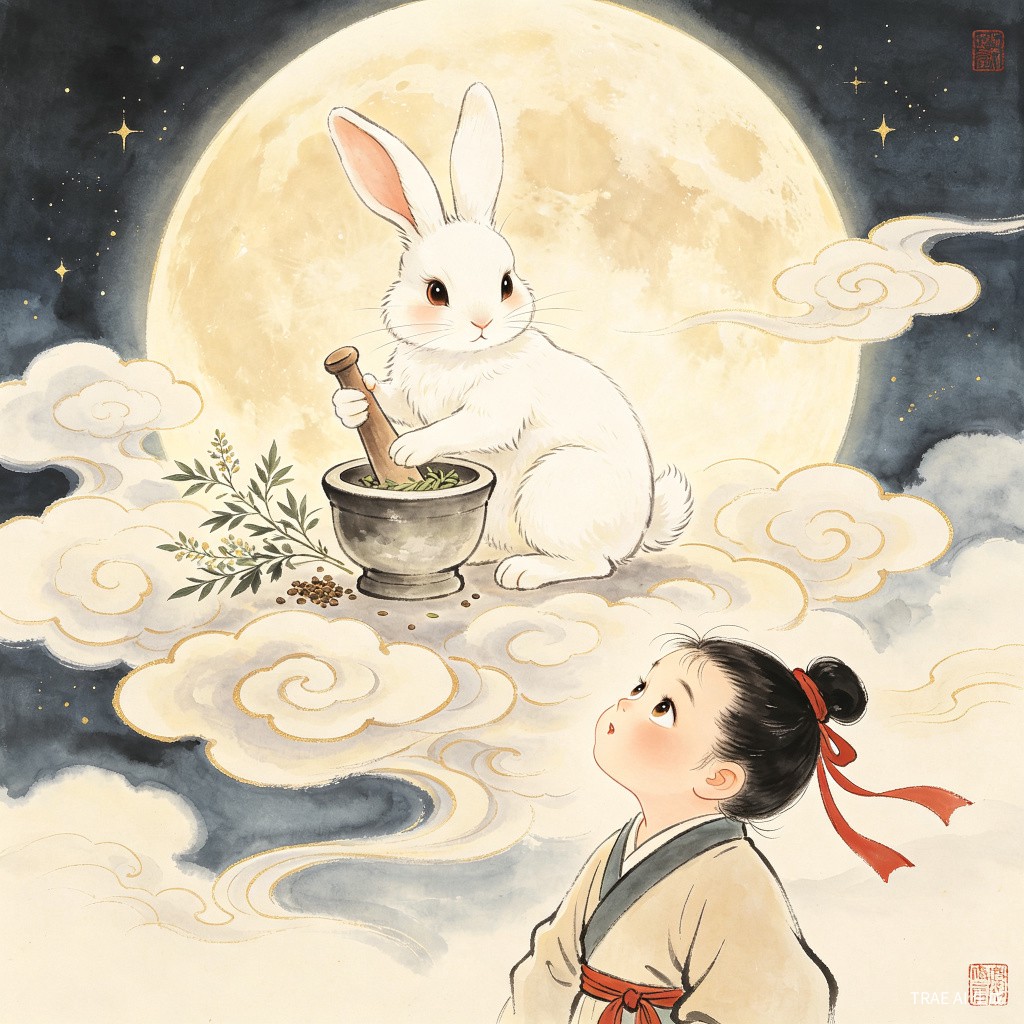 白兔捣药，小孩好奇地问