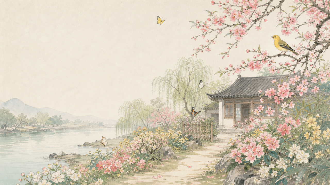 江畔独步寻花水墨画面