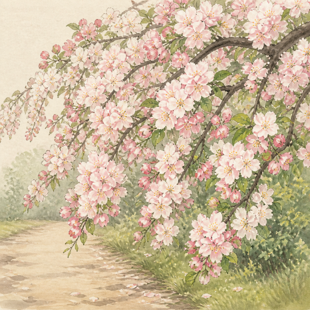 繁花压低枝条的春日画面