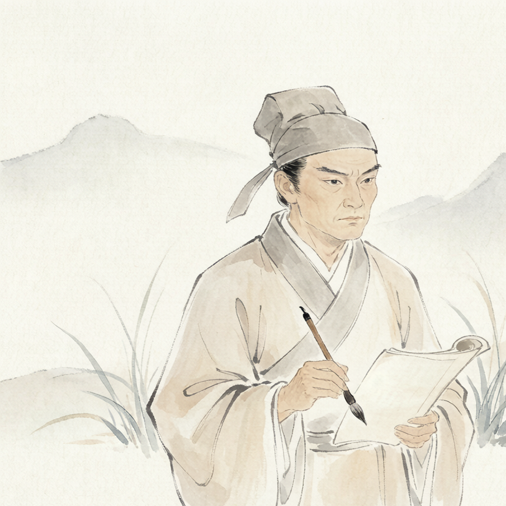贾岛画像：唐代诗人，身穿文人长袍，面容清瘦神情专注