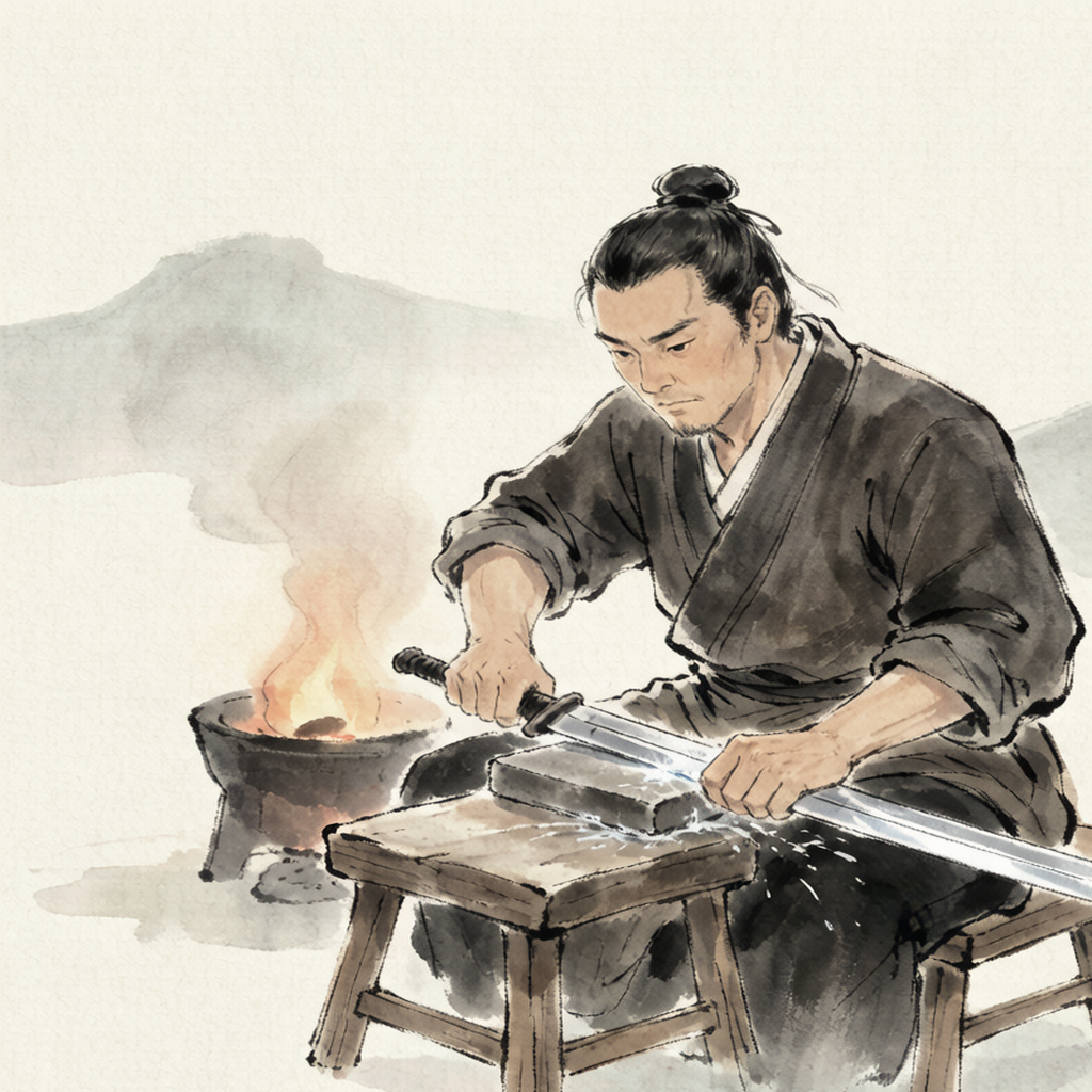画面：一位古代剑客专注地用磨石打磨长剑，岁月感浓厚
