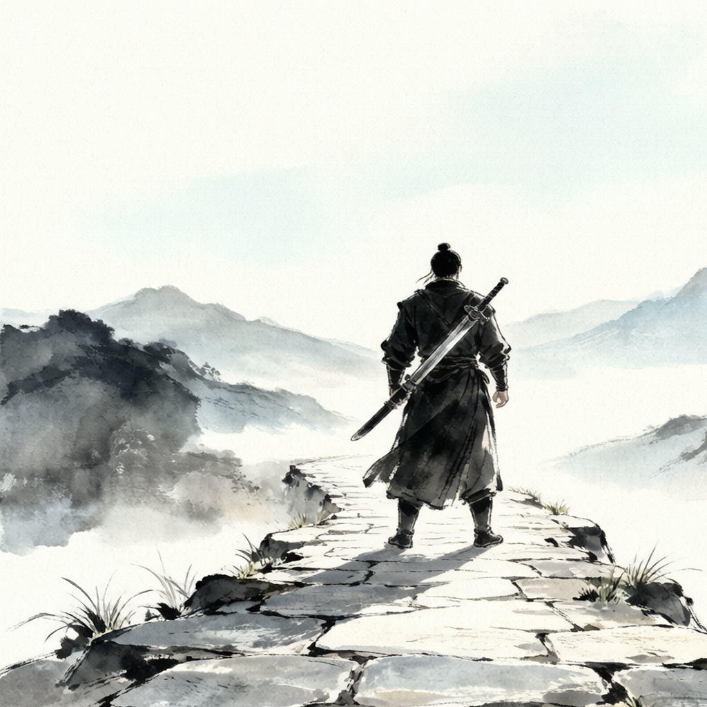 画面：古道远景，剑客背影挺立，长剑横于身后