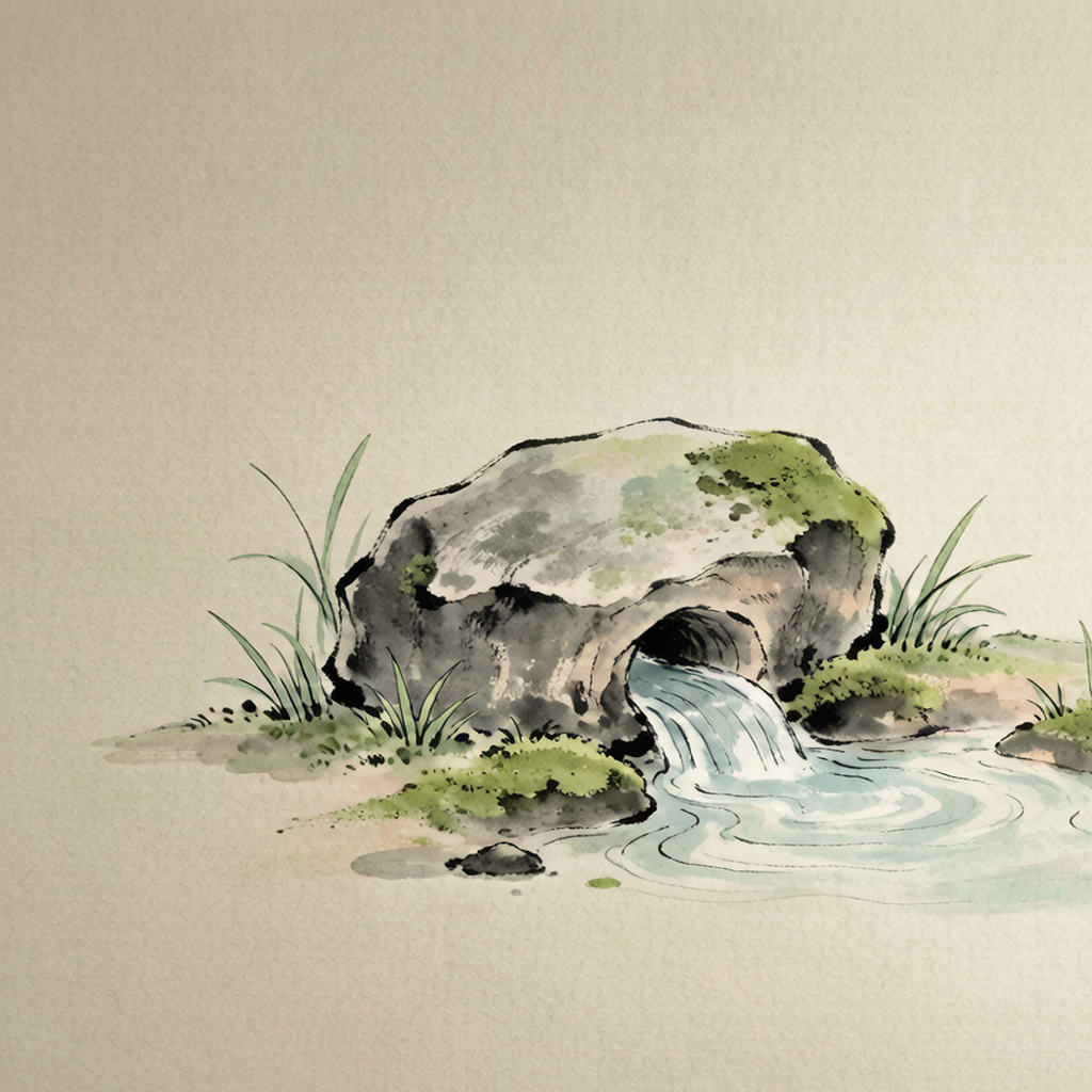 小池泉眼细流的水墨画面