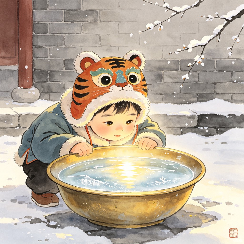 孩子从金盆里取出冰