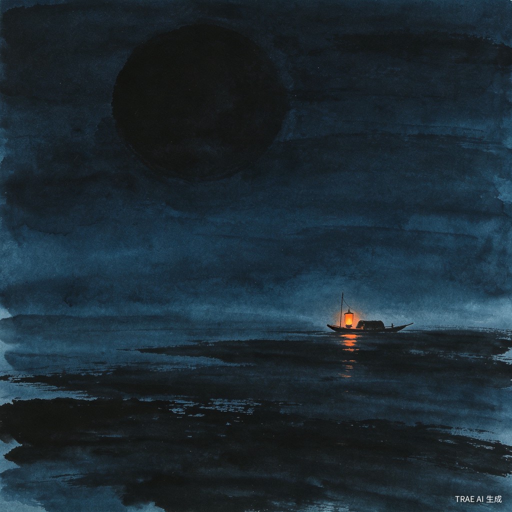 月黑夜晚，远方一盏渔灯